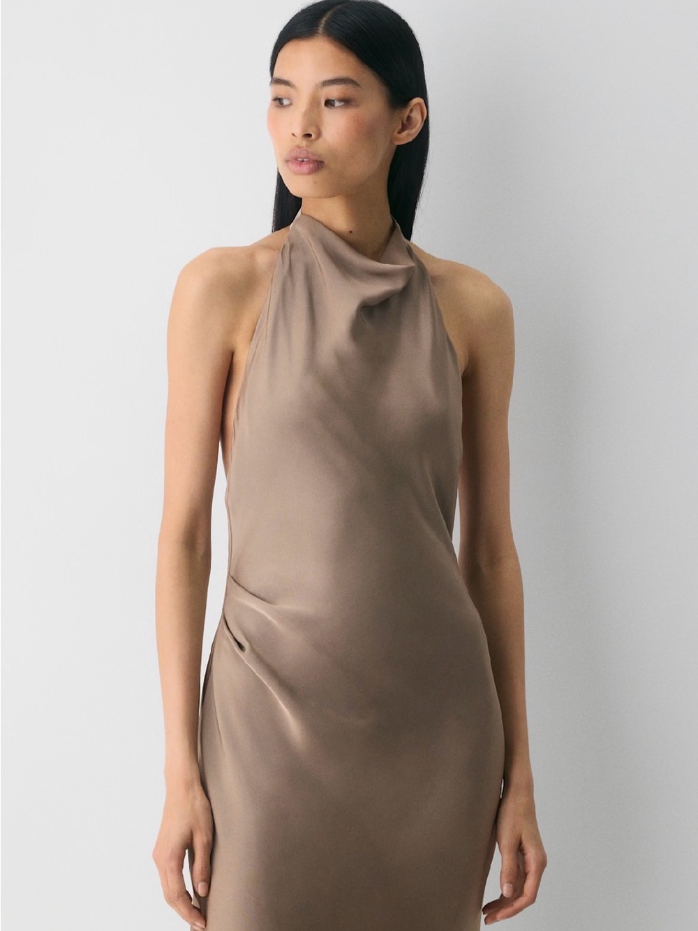 NWT Aritzia Audience Warm Taupe Satin Maxi Halter Dress Sz 2